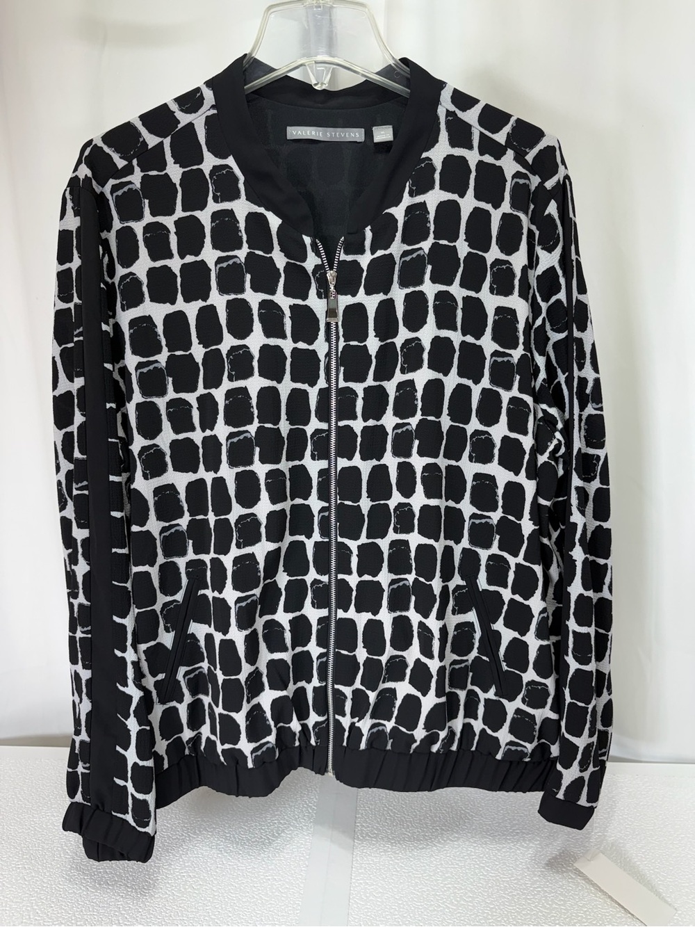 Valerie Stevens Black and White Check-Print Bomber Jacket 3953
